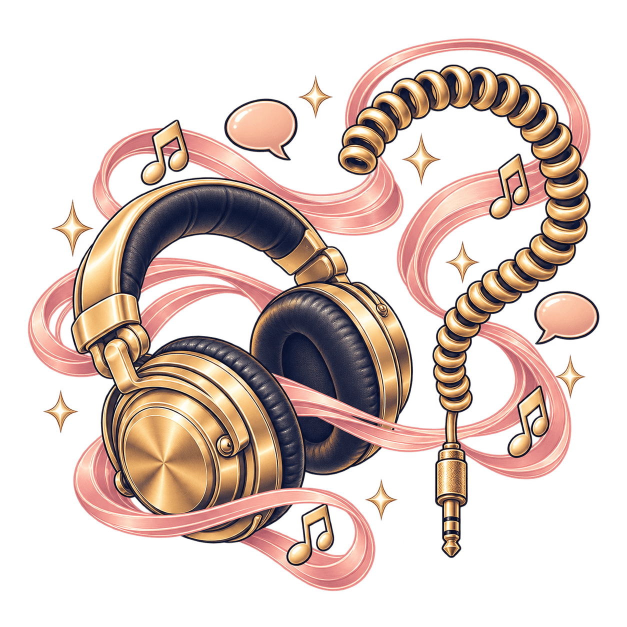 Gold studio headphones with a coiled cable curling into a question mark