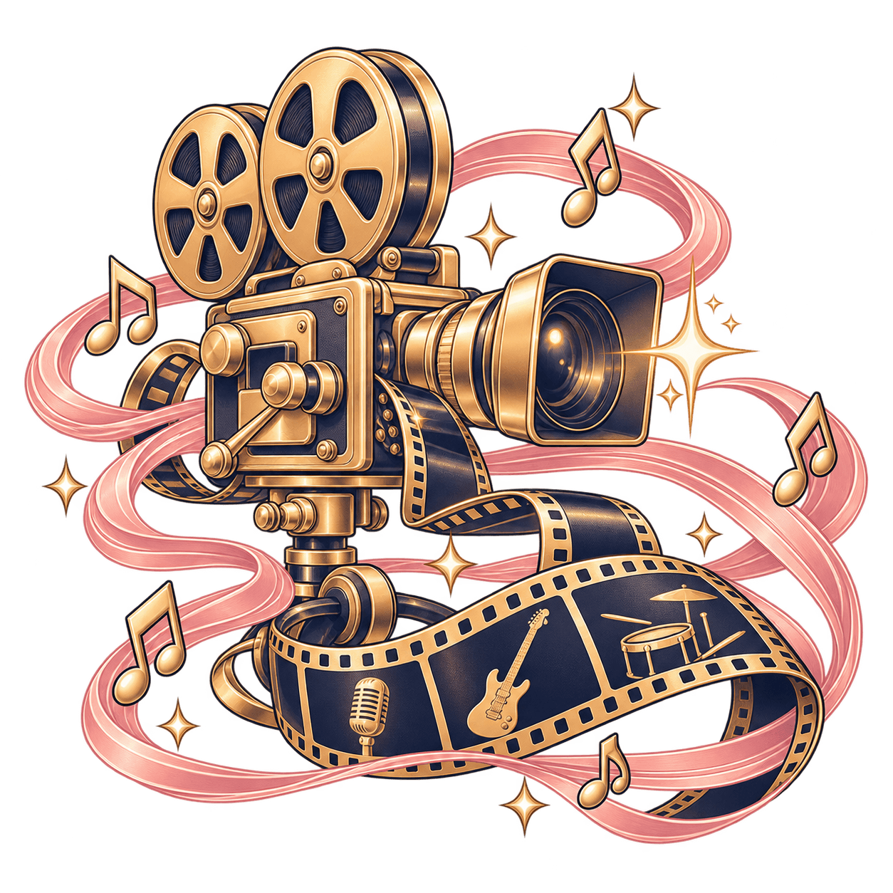 Gold vintage movie camera with a film strip showing a mic, guitar and drums