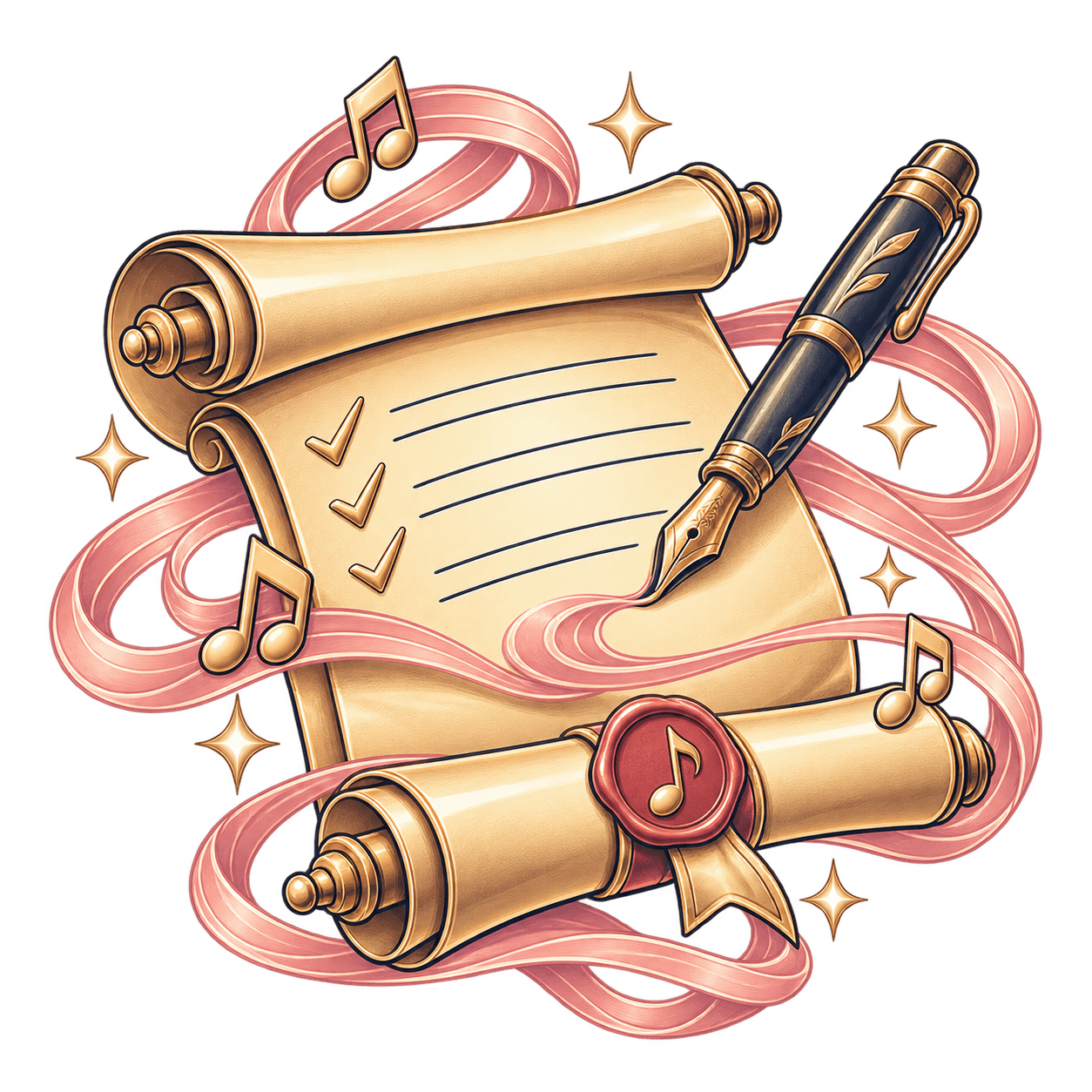 Parchment scroll with a checklist, a fountain pen and a music-note wax seal