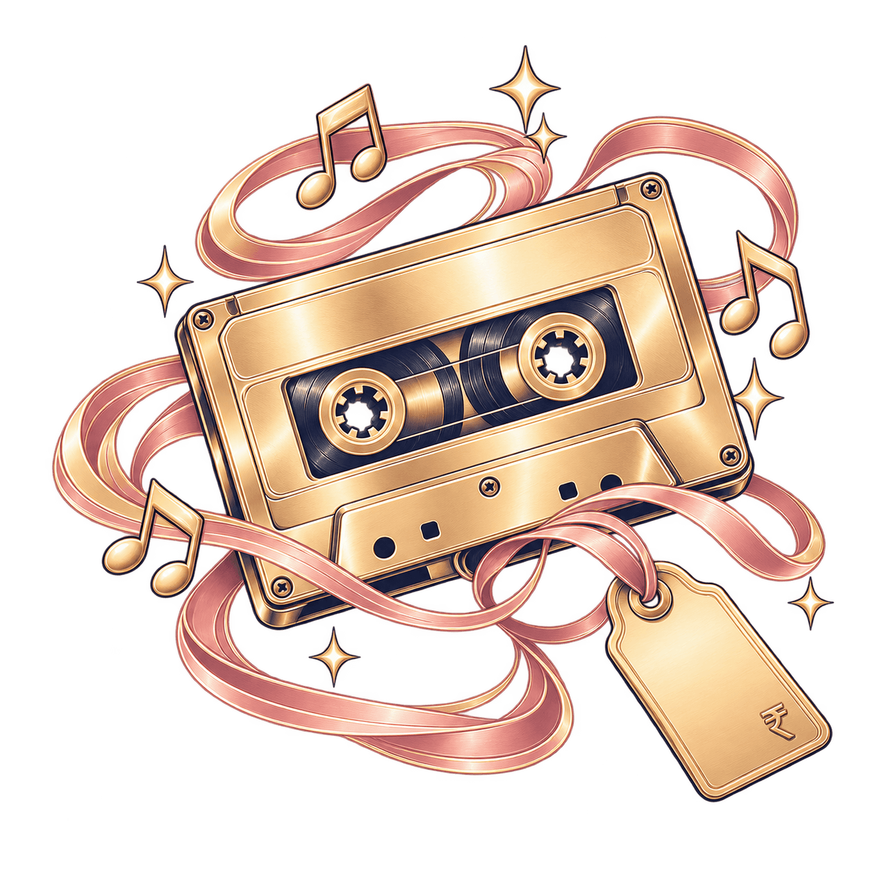 Gold cassette tape with its tape tied to a rupee price tag