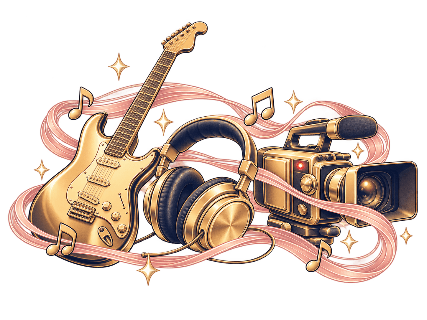 Guitar, studio headphones and video camera linked by a sound wave
